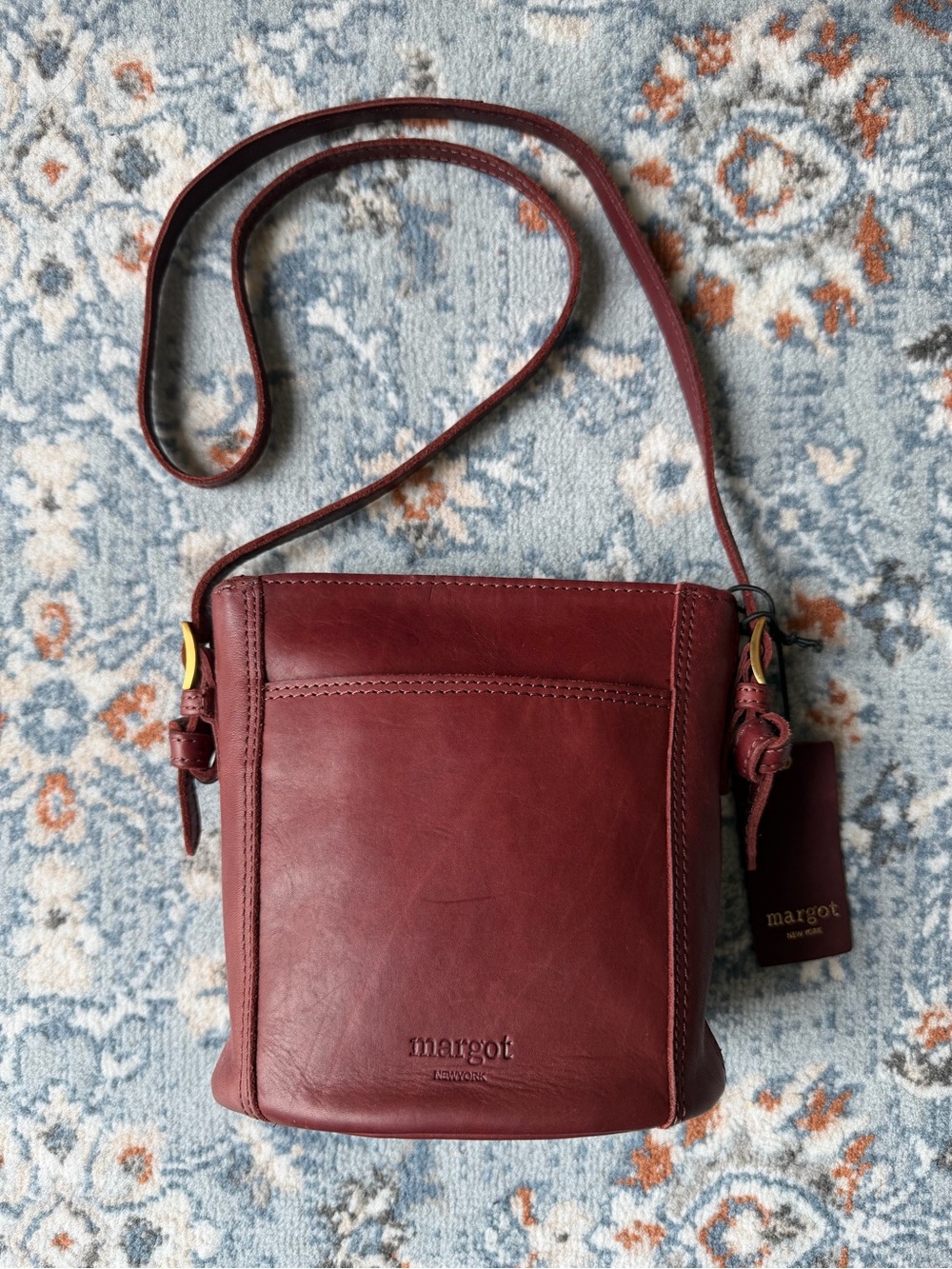 Margot New York Burgundy Leather Crossbody Mini Bucket Bag